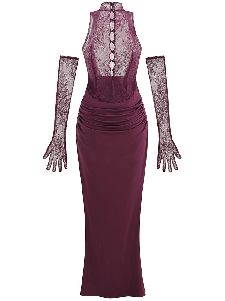 Turtleneck Lace Long Dress With Gloves