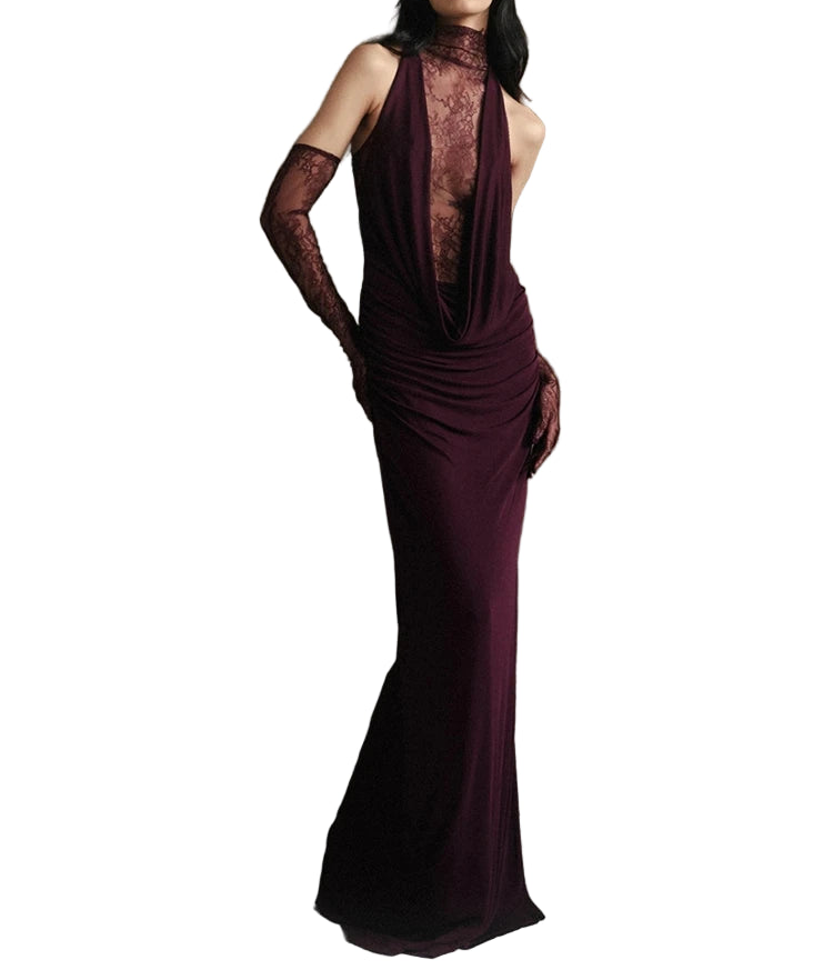 Turtleneck Lace Long Dress With Gloves