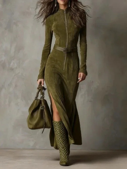 Vintage Stand Up Collar Split Dress Long Sleeve Slim Bodycon Maxi Dresses Elegant