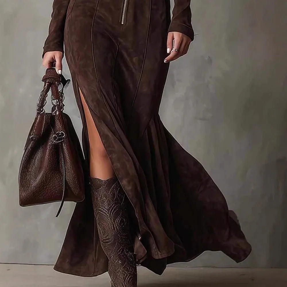 Vintage Stand Up Collar Split Dress Long Sleeve Slim Bodycon Maxi Dresses Elegant