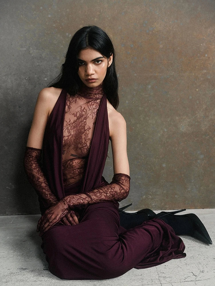 Turtleneck Lace Long Dress With Gloves