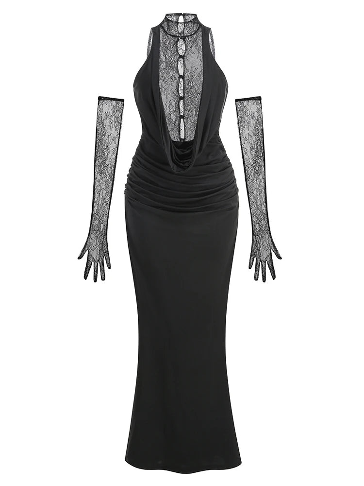 Turtleneck Lace Long Dress With Gloves