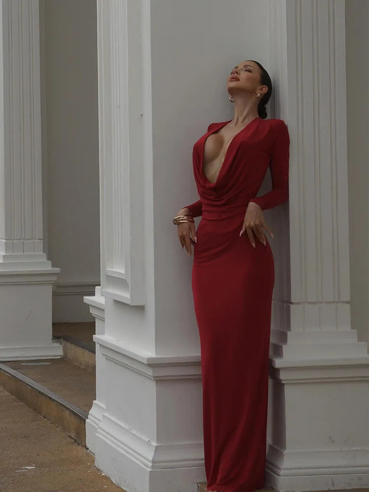 Solid Full Sleeve Deep Plunged Vestidos Robes