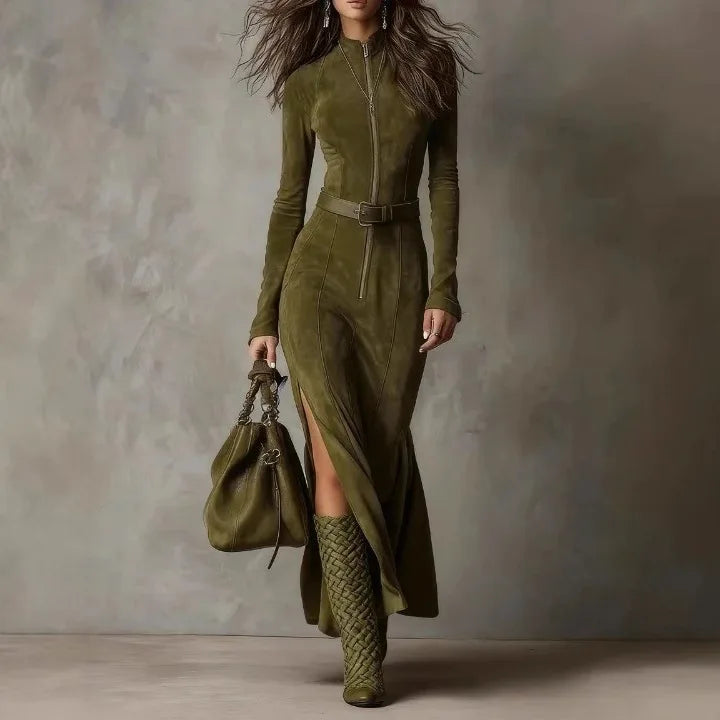 Vintage Stand Up Collar Split Dress Long Sleeve Slim Bodycon Maxi Dresses Elegant