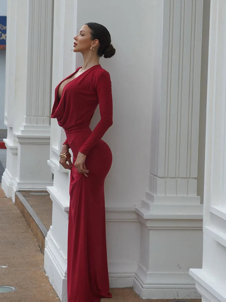 Solid Full Sleeve Deep Plunged Vestidos Robes